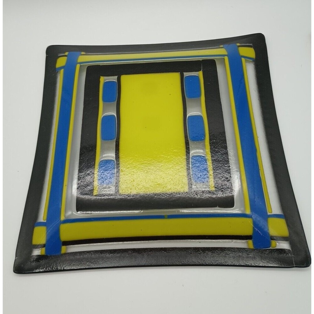 Fused Art Glass Tray Blue Yellow Black Candle Plate Centerpiece - Picture 5 of 6